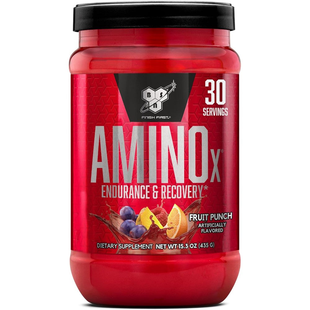 BSN Amino X Muscle Recovery Fruit Punch front packaging view for endurance support.