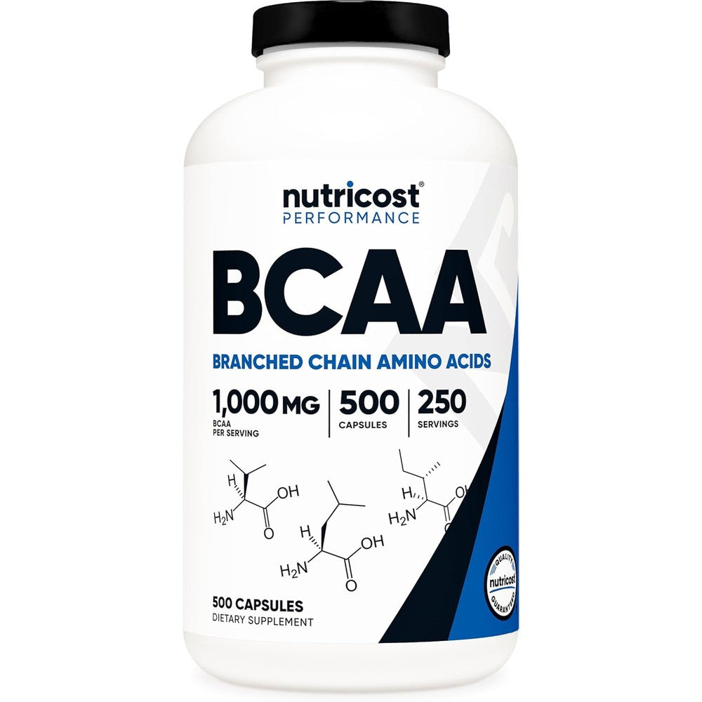 Nutricost BCAA 1000mg 500 capsules bottle front view for premium muscle recovery supplements