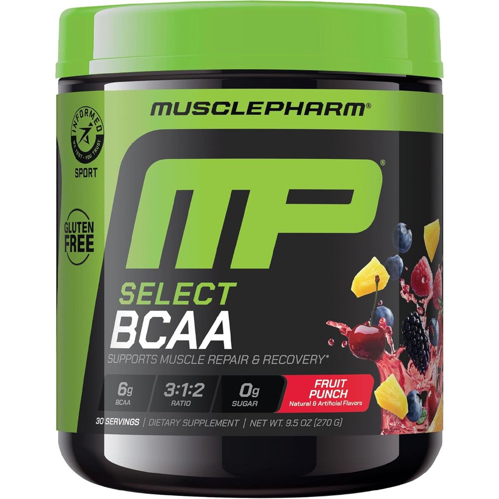 MusclePharm Essentials BCAA Powder Fruit Punch front view for muscle recovery