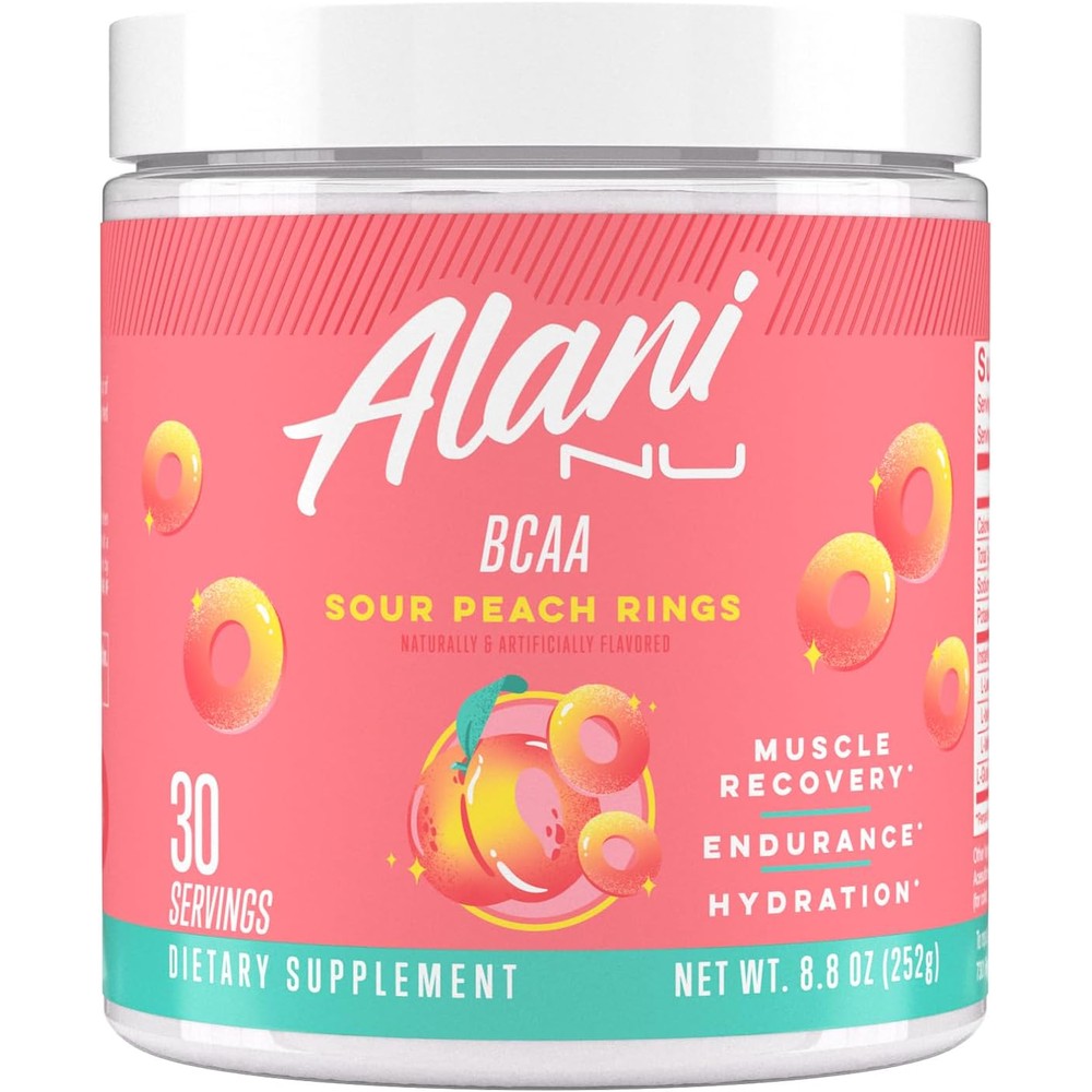 Alani Nu BCAA Sour Peach Ring front view muscle recovery supplement