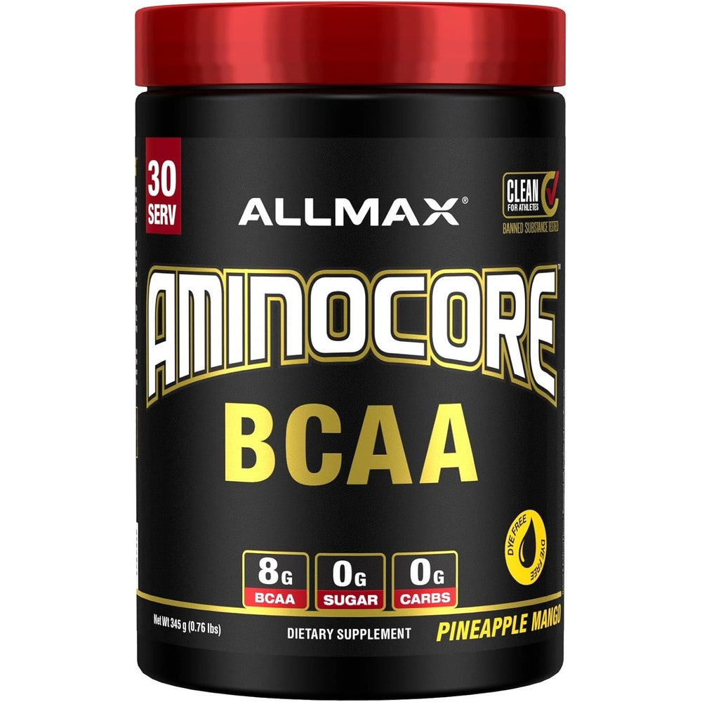 ALLMAX Nutrition AMINOCORE BCAA Powder Pineapple Mango front view muscle recovery supplement