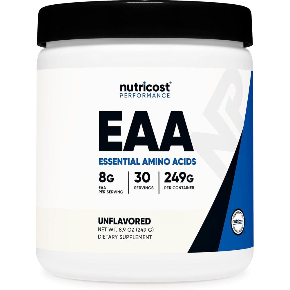 Nutricost EAA Powder Unflavored front view container showing 30 servings of essential amino acids