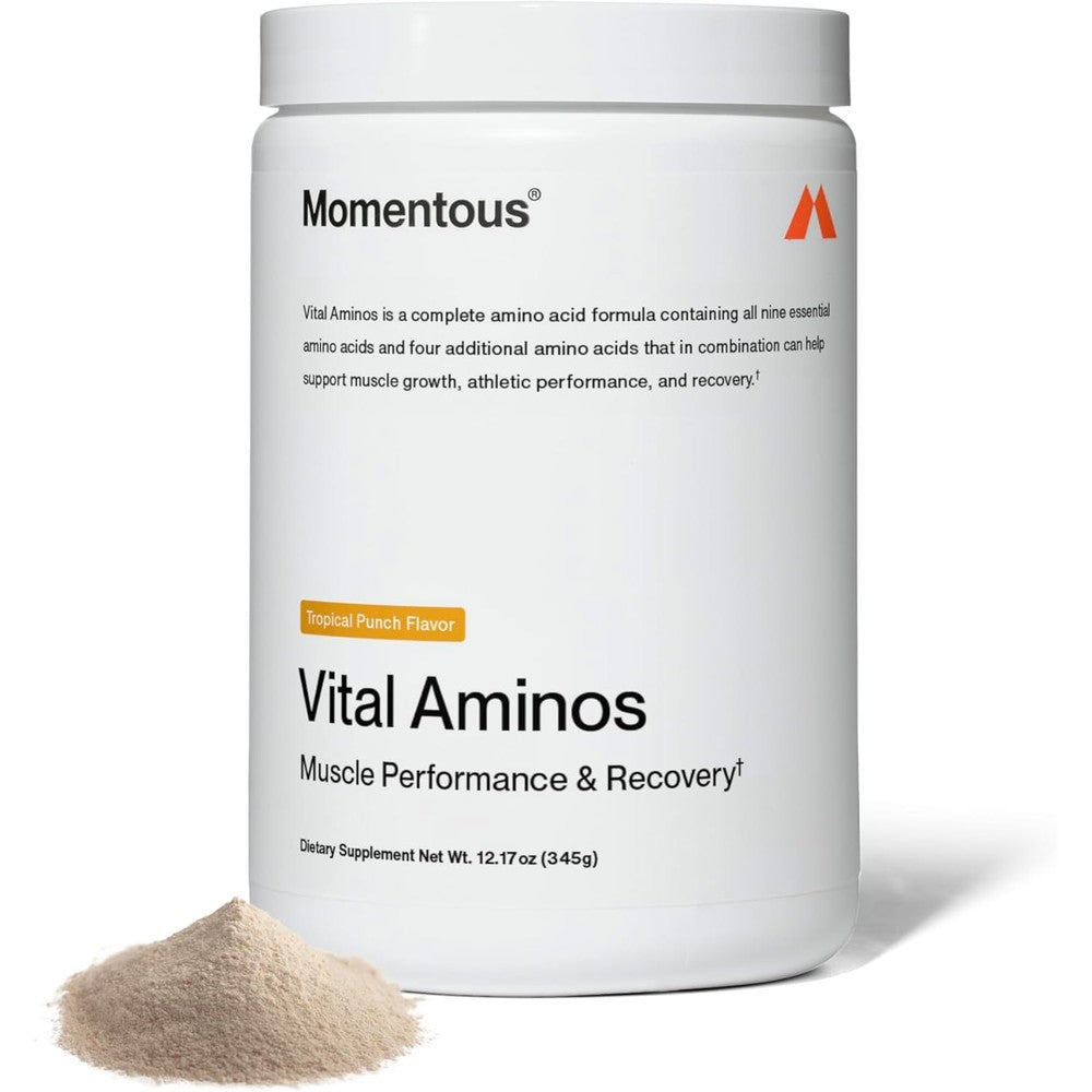 Momentous Vital Aminos Tropical Punch tub with 13 amino acids profile
