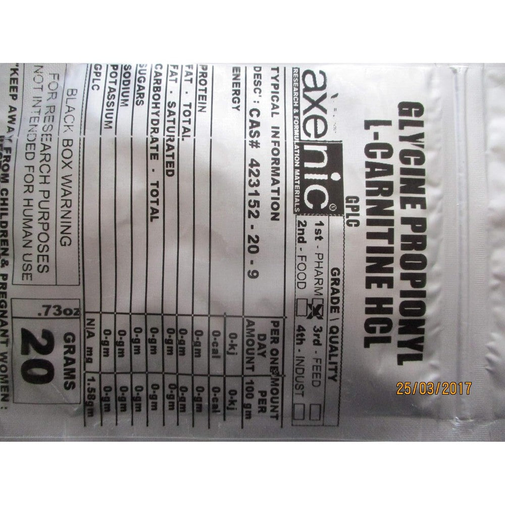 Axenic Glycine Propionyl L-Carnitine HCl powder container front view.