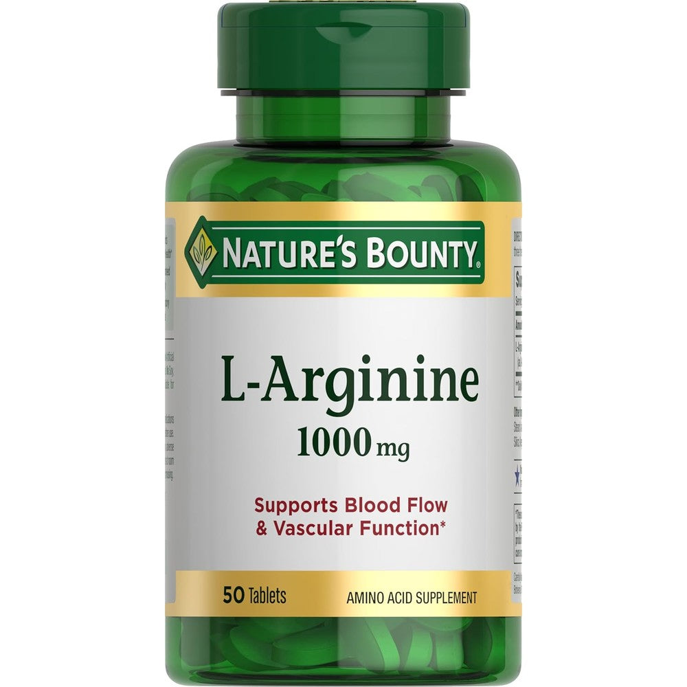 Nature's Bounty L Arginine 1000mg 50 tablets front bottle view for blood flow support