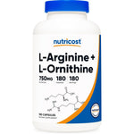 Nutricost L Arginine and L Ornithine 750mg 180 capsules front view bottle showing premium amino acid supplement details.