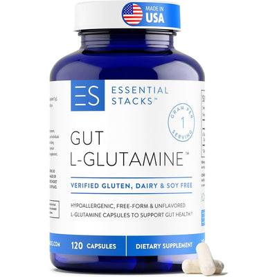 Essential Stacks Gut L-Glutamine Capsules 1000mg (Made in USA) - Gluten, Dairy & Soy Free, Non-GMO L Glutamine for Gut Health - 60 Serves (120 Caps)