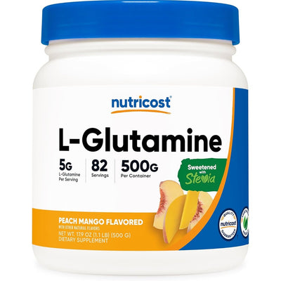 Nutricost L-Glutamine Powder Sweetened with Stevia (500 Grams, Peach Mango) - Supplement for Gut Support, 5 Grams of L-Glutamine Per Serving - Gluten Free, Non-GMO