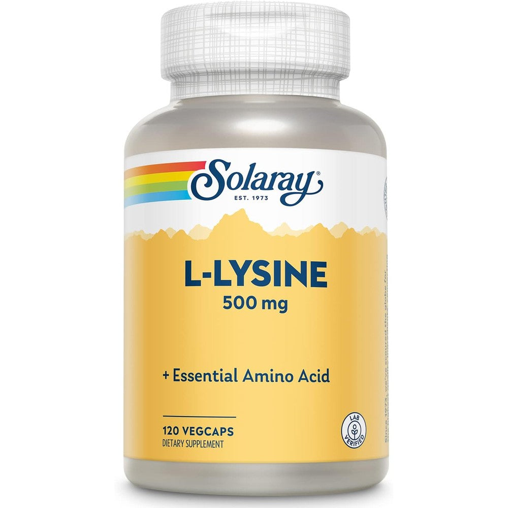 SOLARAY L Lysine 500 mg Capsules - Free-Form Essential Amino Acids Supplement - Powerful Wellness Support with L-Lysine Amino Acid - Lab Verified, 60-Day Guarantee, 120 Servings, 120 VegCaps
