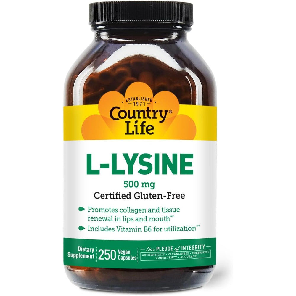 Country Life L-Lysine 500mg with B-6, Supports Immune Health, Promotes Collagen Renewal in Lips and Mouth, 250 Vegan Capsules, Certified Gluten Free, Certified Vegan