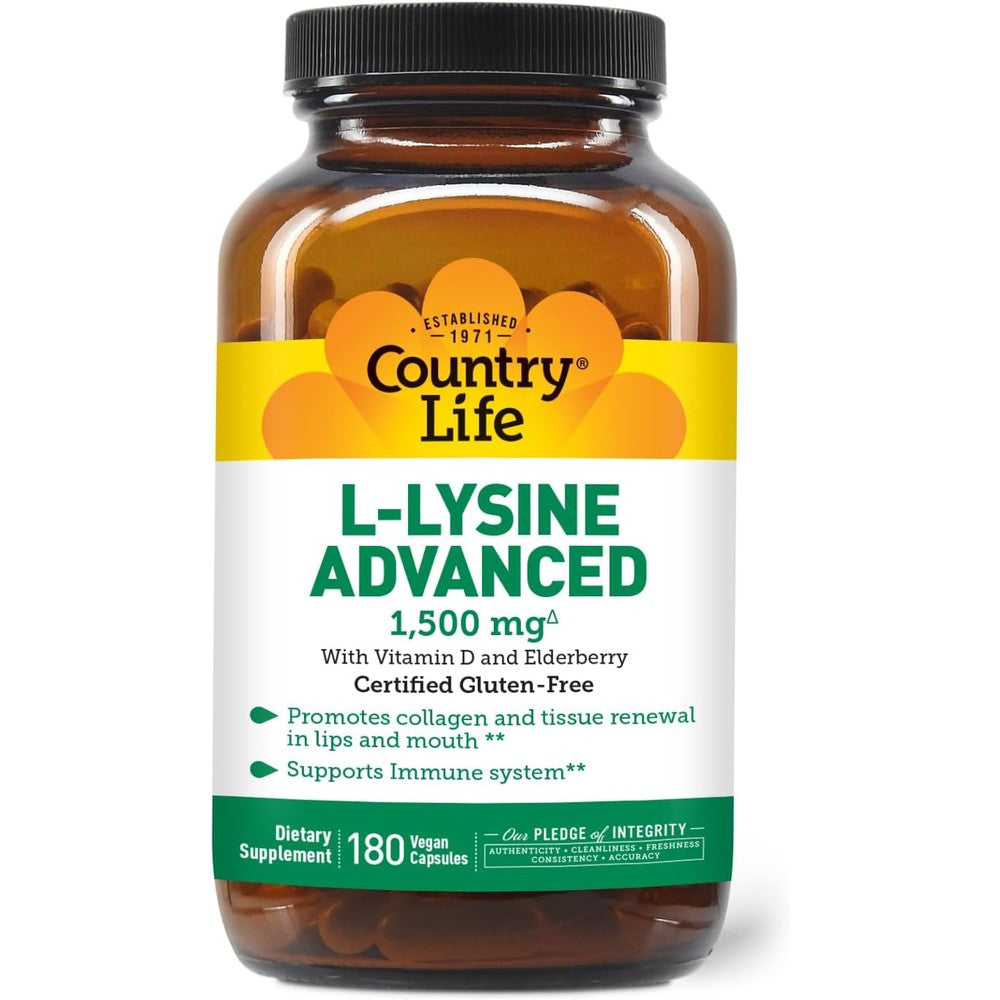 Country Life L-Lysine 1500mg Capsules with Vitamin D & Elderberry – Advanced Immune Support and Collagen Renewal – Certified Gluten-Free & Vegan – 180 Capsules