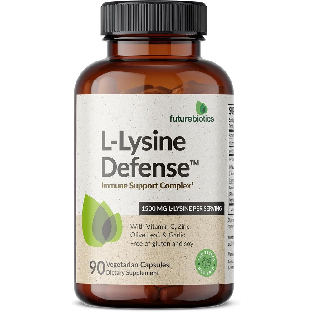 Futurebiotics L-Lysine Defense Immune Support Complex 1500 MG Per Serving with Vitamin C, Zinc, Olive Leaf & Garlic - Non-GMO, 90 Vegetarian Capsules