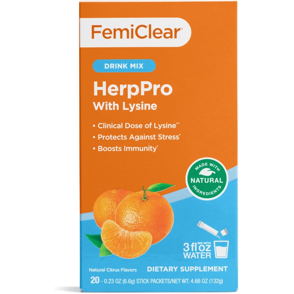 FemiClear HerpPro Drink Mix, with L-Lysine 3000mg, Zinc, Vitamins A & C, Ashwagandha, Immunity & Stress Supplement for Women & Men, 20 Stick Packets
