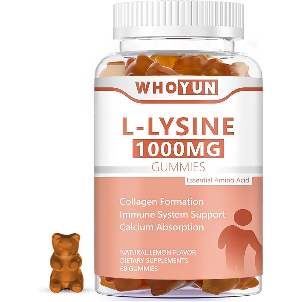 Whoyun L-Lysine 1000mg Gummies, Chewable Lysine Supplement for Adults, Immune Support, Collagen Formation Support, Lemon Flavor, 60 Count