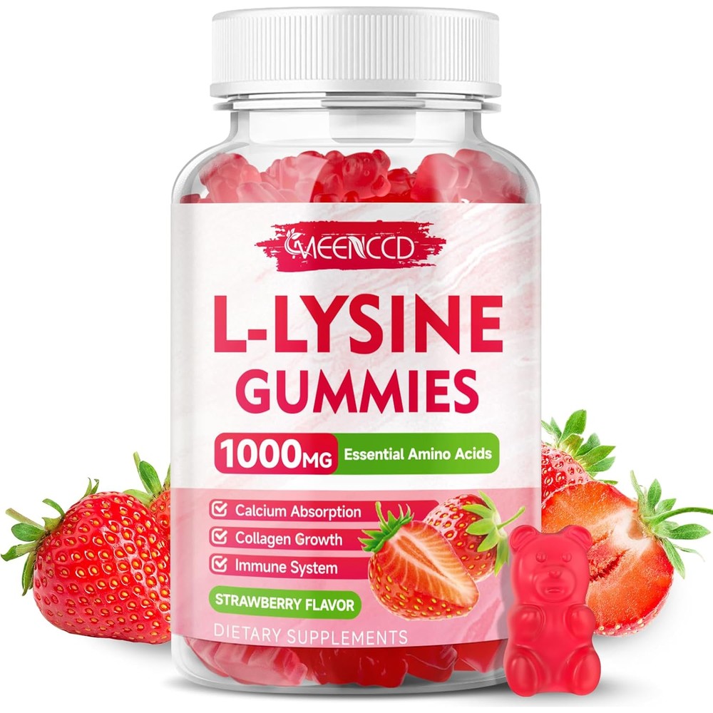 L-Lysine 1000mg Gummies, Lysine Supplement for Adults & Kids, Essential Amino Acid Supplement for Oral & Lips Health, Boost Immune & Calcium & Collagen, Sugar-Free, Strawberry Flavor, 60 Count