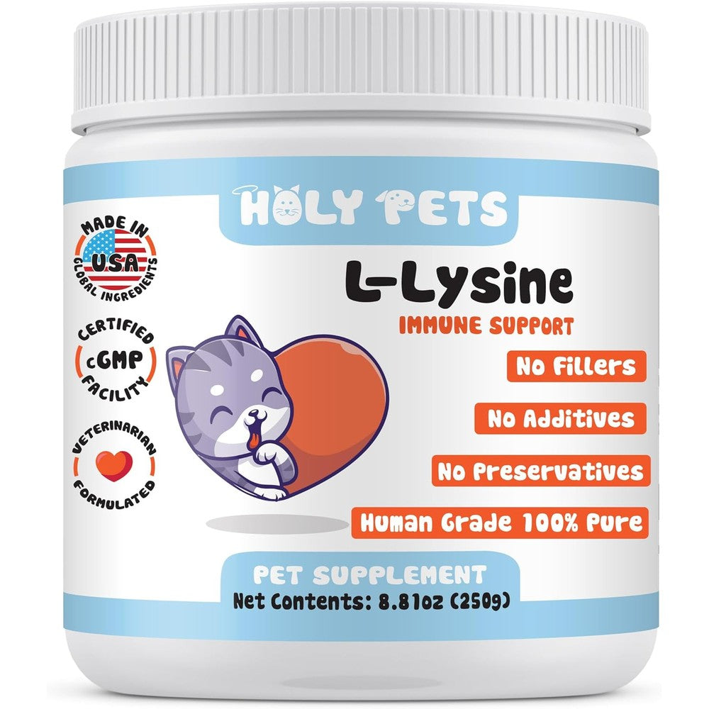 Holy Pets 100% Pure L-Lysine Powder for Cats – No Fillers, Additives or Preservatives – 1,000mg per Scoop – Immune, Respiratory & Eye Support – Helps with Sneezing, Runny Nose & Cold Symptoms
