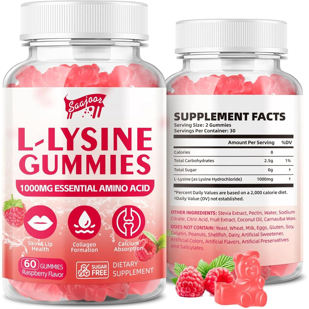 L-Lysine 1000mg Gummies for Immune Support & Skin Health - Vegan, Gluten Free Amino Acid Supplement for Adults, Raspberry Flavor, 60 Gummies