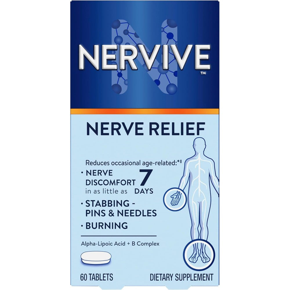 Nervive brand nerve relief dietary supplement box display highlighting benefits