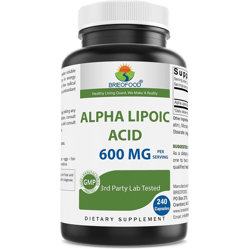 Brieofood Alpha Lipoic Acid 600mg front view showing the 240 capsules premium antioxidant bottle