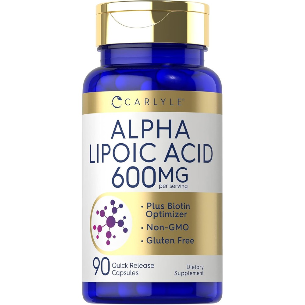 Carlyle Alpha Lipoic Acid 600mg 90 capsules front view bottle for antioxidant support.