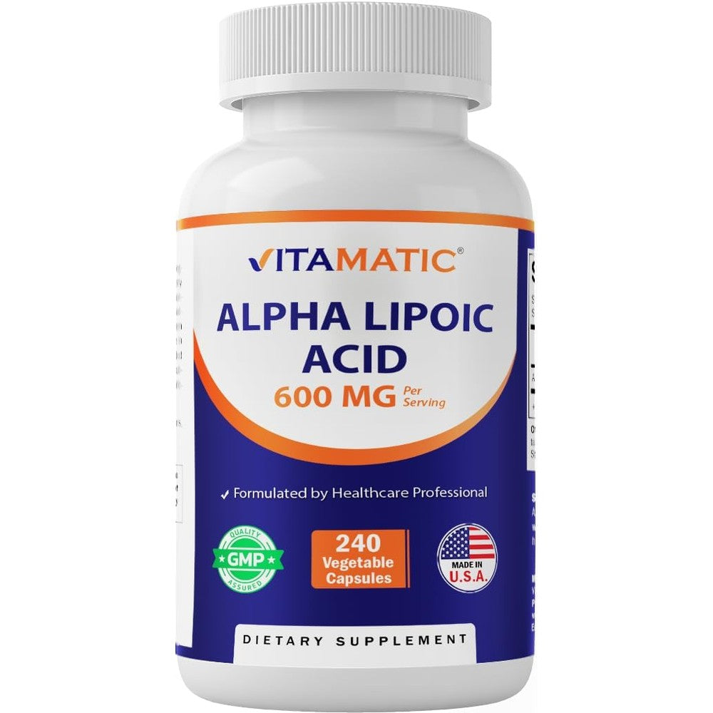 Vitamatic Alpha Lipoic Acid 600mg front view bottle containing 240 vegetable capsules
