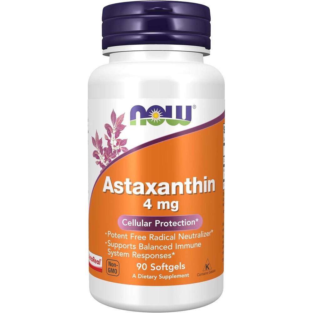 Now Foods Astaxanthin 4 mg 90 softgels front bottle view for antioxidant immune support