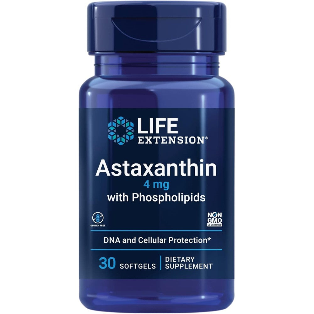Life Extension Astaxanthin with Phospholipids 4mg 30 softgels front bottle view showing premium packaging