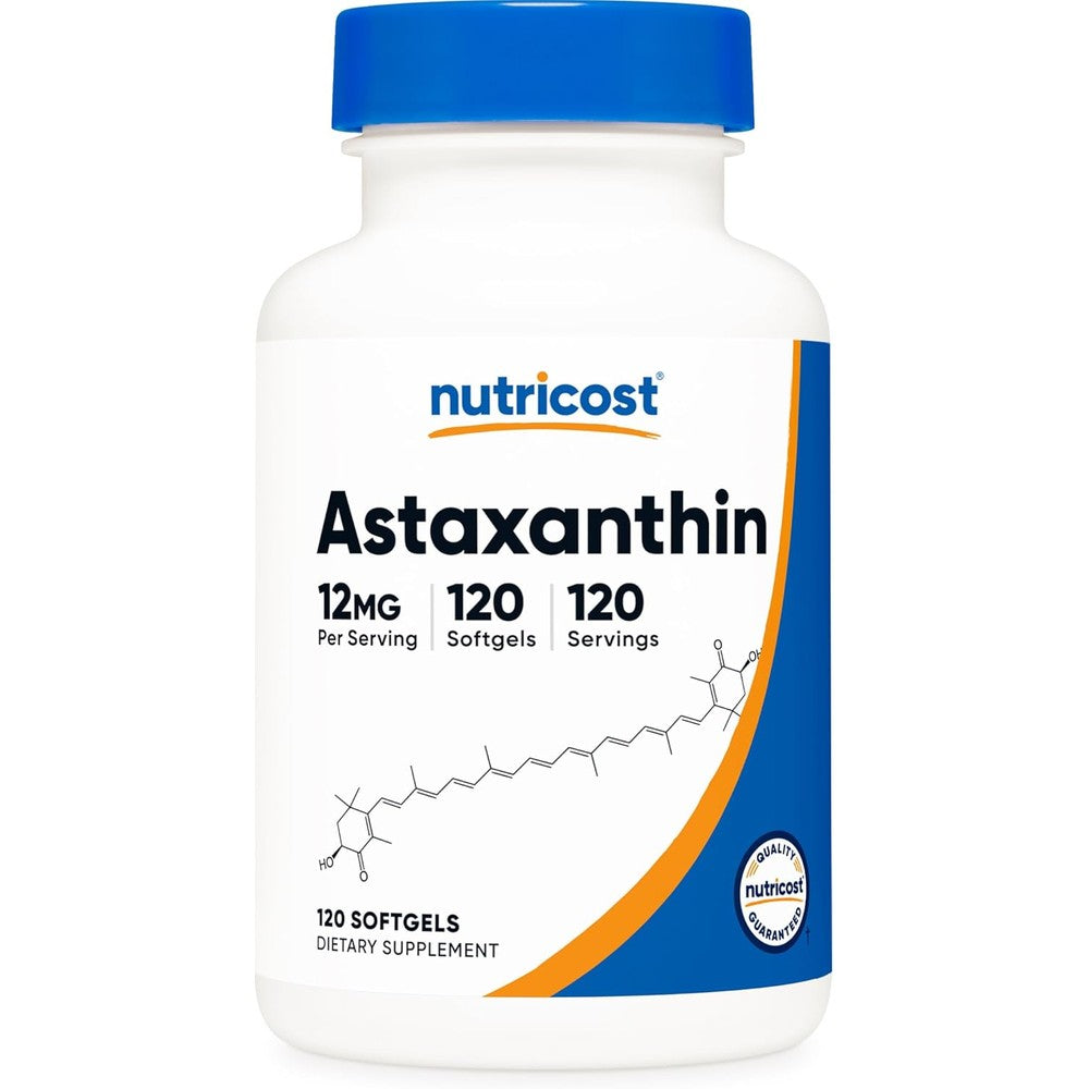 Nutricost Astaxanthin 12mg 120 Softgels front view bottle for antioxidant support