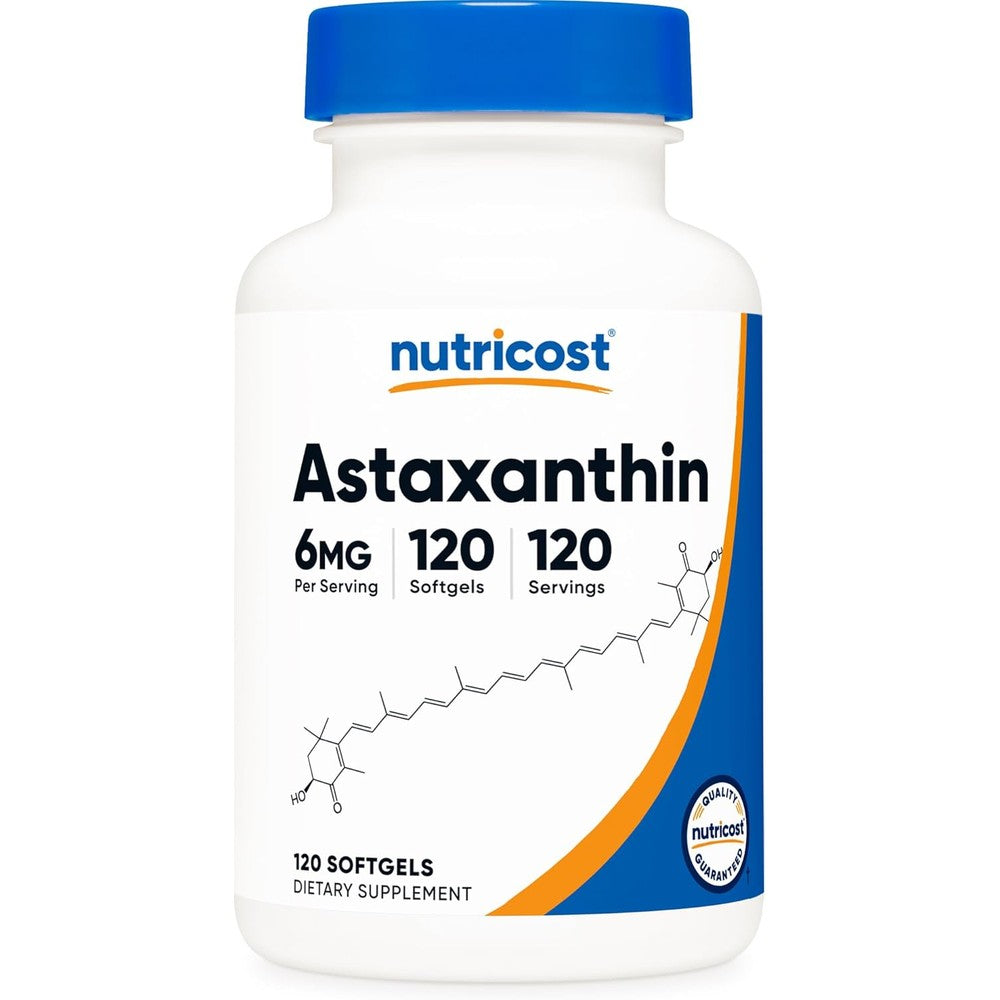 Nutricost Astaxanthin 6 Milligrams 120 Softgels bottle front view showing authentic imported daily antioxidant supplement packaging.
