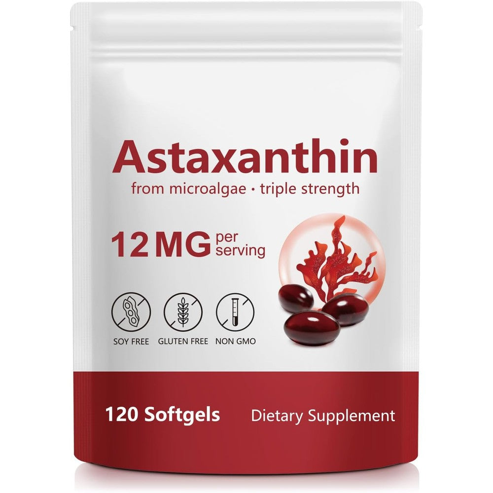 Generic Astaxanthin 12 Milligrams front view of the antioxidant supplement bottle.