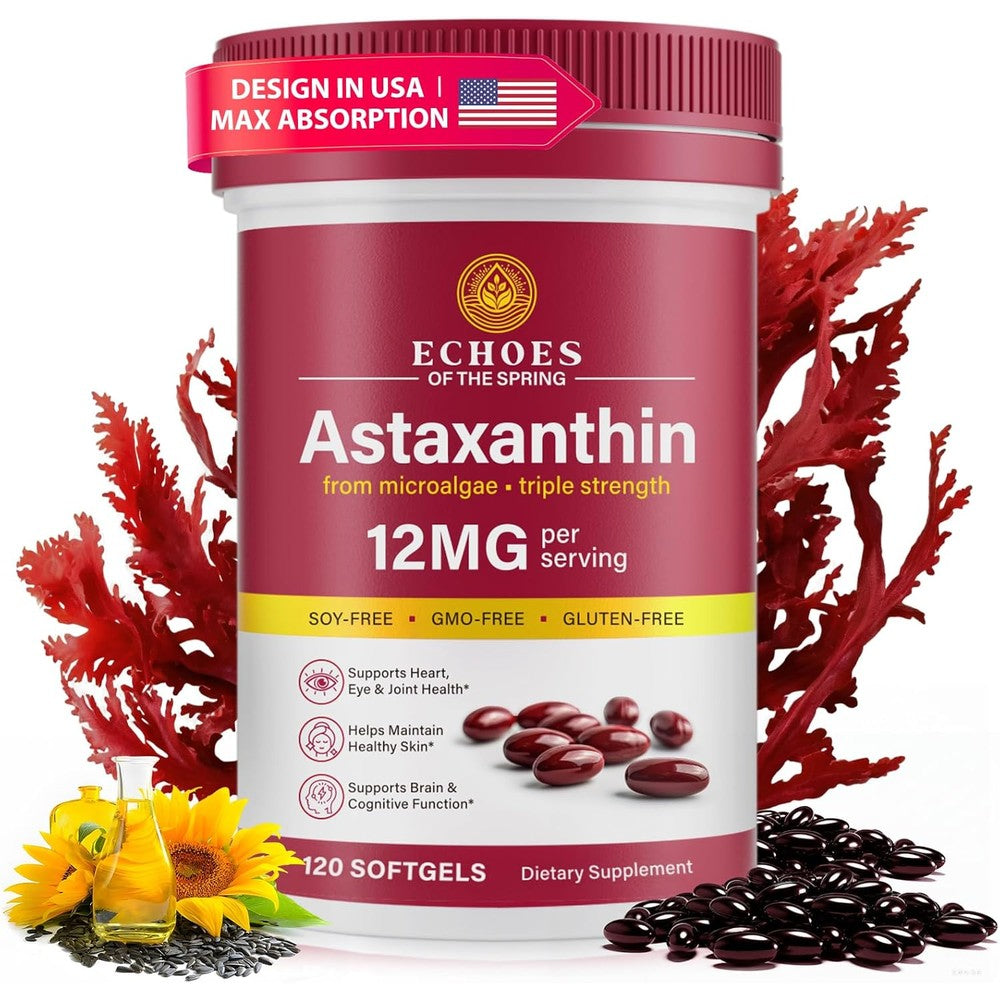Echoes of the Spring Astaxanthin 12mg 120 softgels front view bottle for natural antioxidant support.