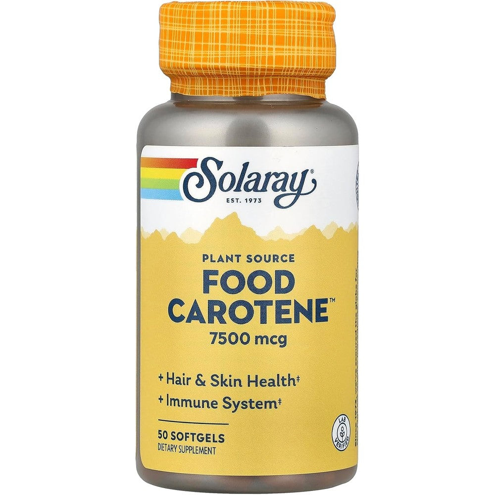 Solaray Food Carotene 25000 IU bottle front view showing capsule count