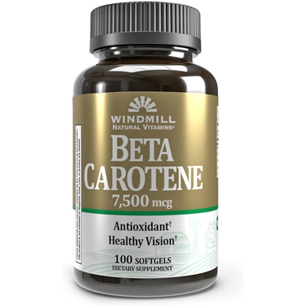 Windmill Beta Carotene 25000 IU Softgels 100 Count front view authentic USA dietary supplement