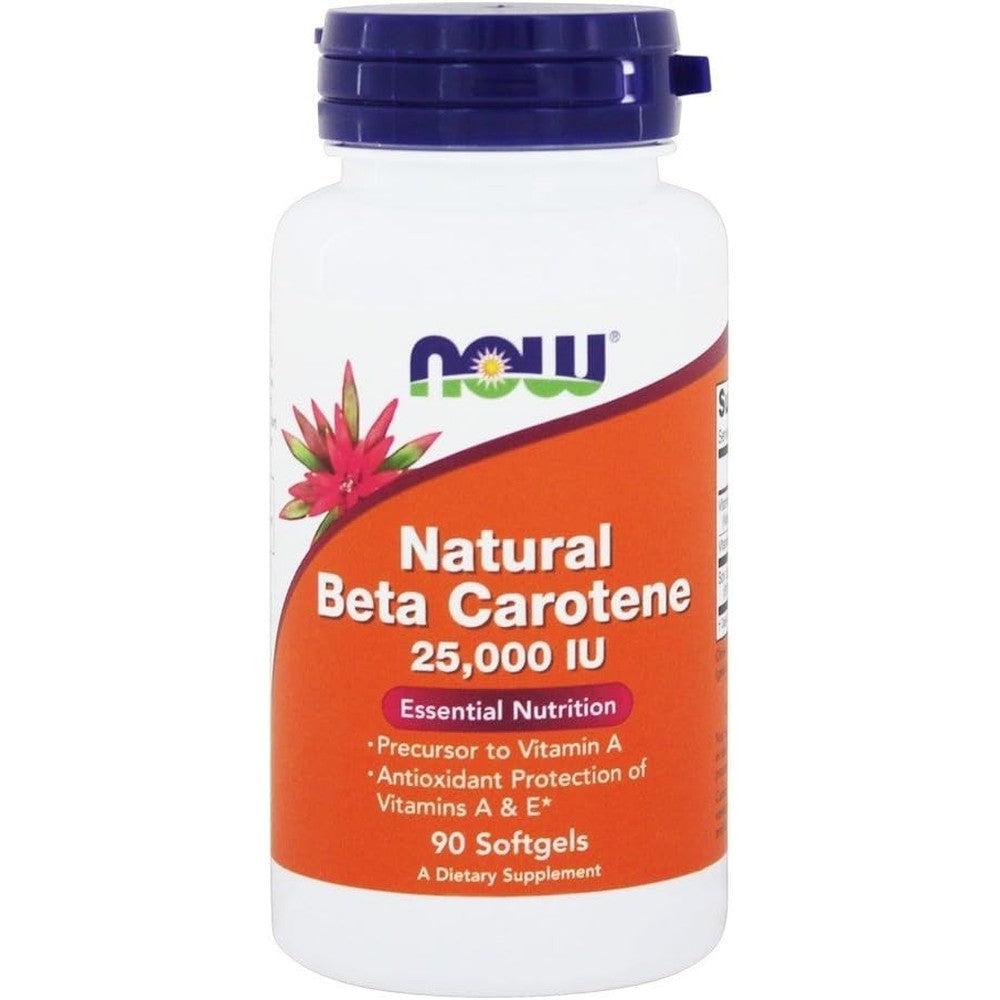 NOW Foods Natural Beta Carotene 25000 IU 90 Softgels front bottle view