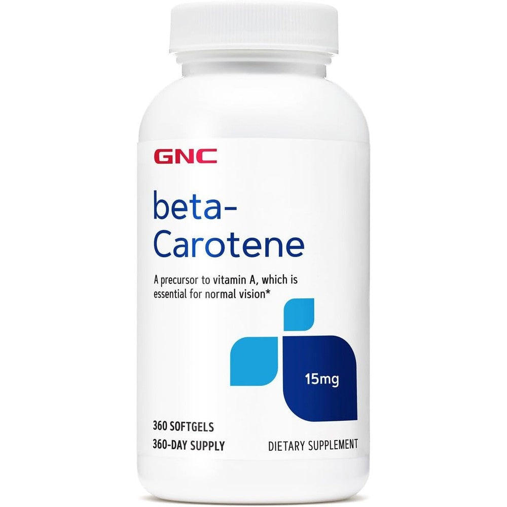 GNC beta-carotene 15mg 360 softgels bottle front view for imported eye care supplements