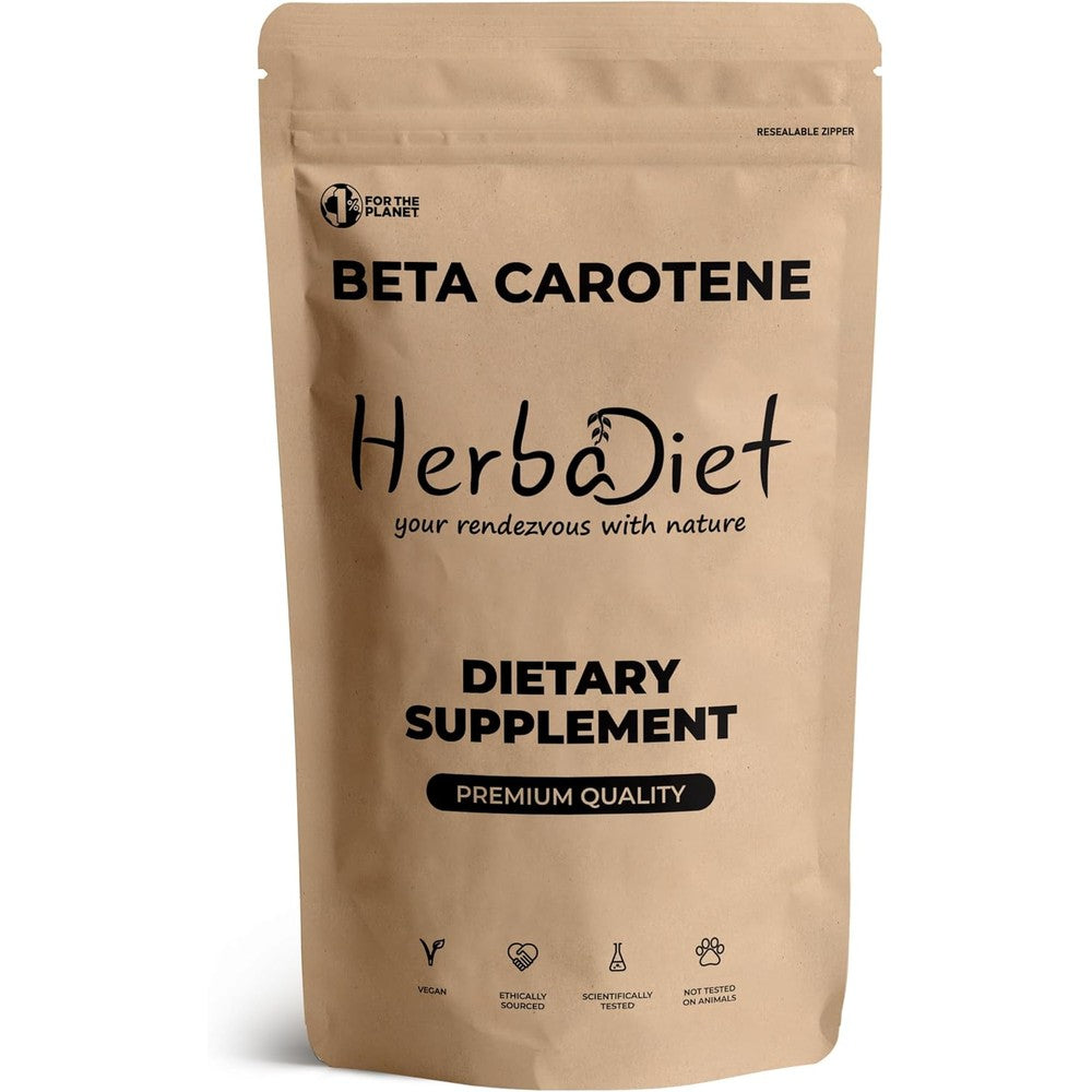 Herbadiet Beta Carotene 10 Percent Vitamin A 25000 IU Powder front view showing the resealable wellness supplement packaging.