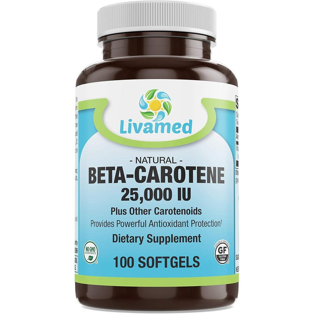 Livamed Natural Beta Carotene 25000 IU softgels front view bottle for eye health support.