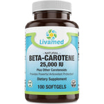 Livamed Natural Beta Carotene 25000 IU softgels front view bottle for eye health support.