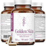 Ecosh Golden Skin Tanning Supplement bottle front view showing 90 capsules label for natural skin pigmentation.