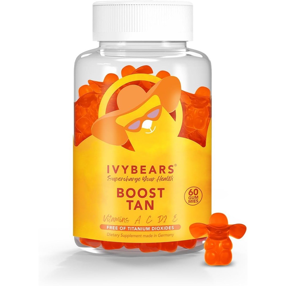 RE/SKIN Glow Tanning Gummies front view bottle showing sixty vegan bears for sun kissed skin glow.