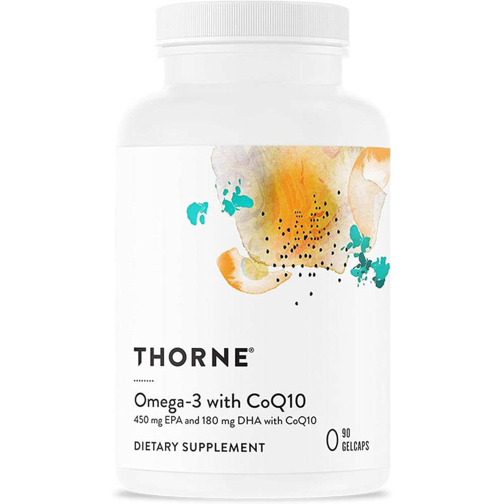 Thorne Omega-3 with CoQ10 90 Gelcaps bottle front view showing premium fish oil supplement label