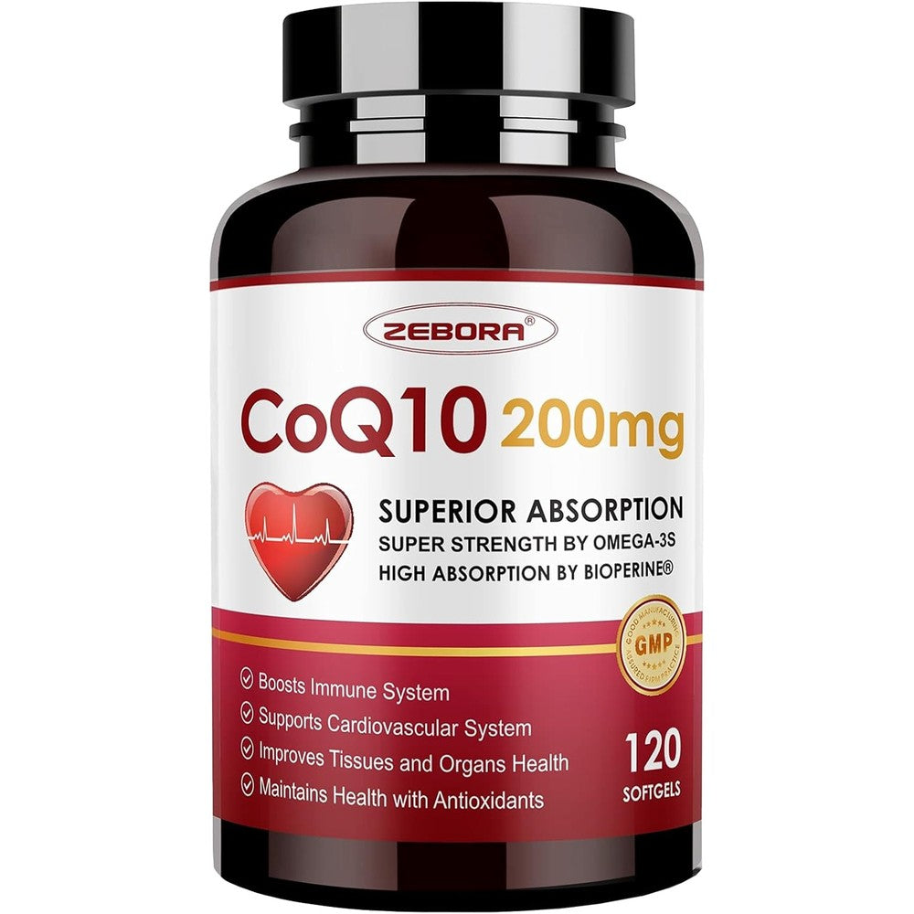 ZEBORA CoQ10 200mg Softgels front view bottle of authentic USA imported dietary supplement for heart health