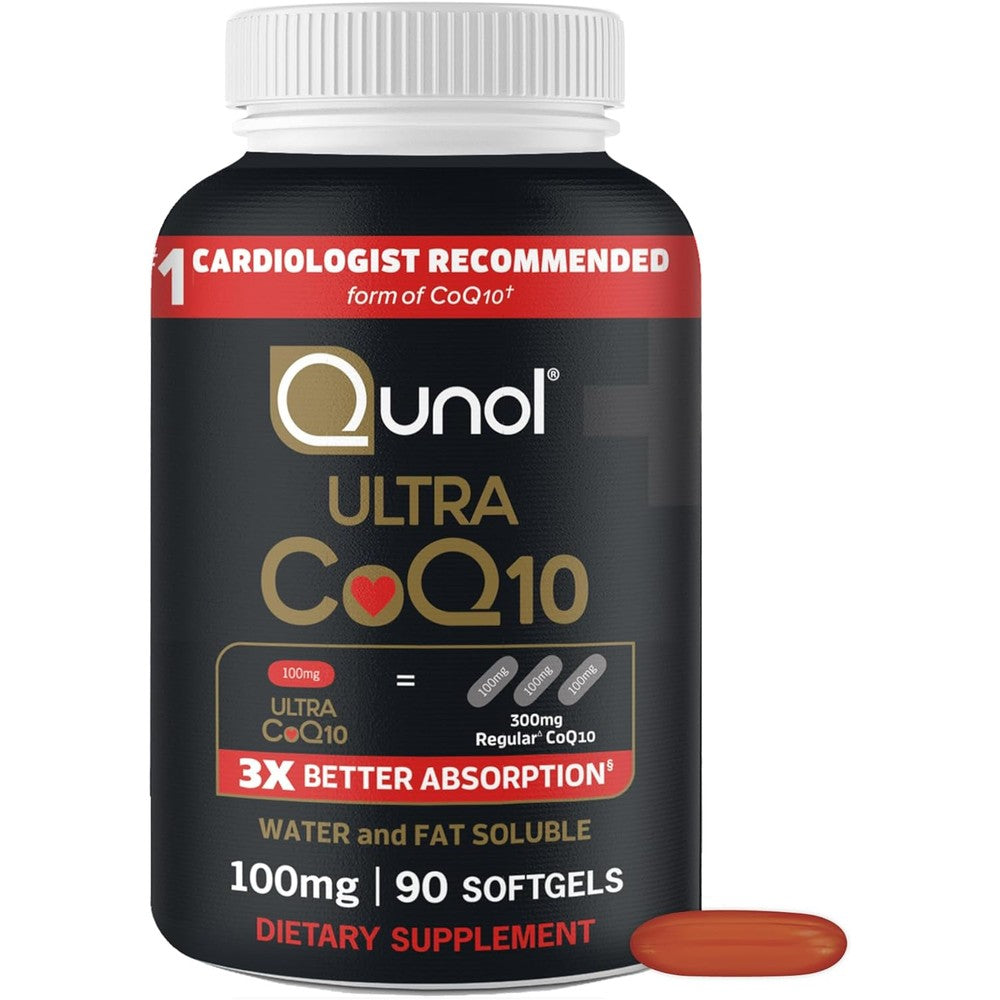 Qunol Ultra CoQ10 100mg softgels front bottle view for heart health