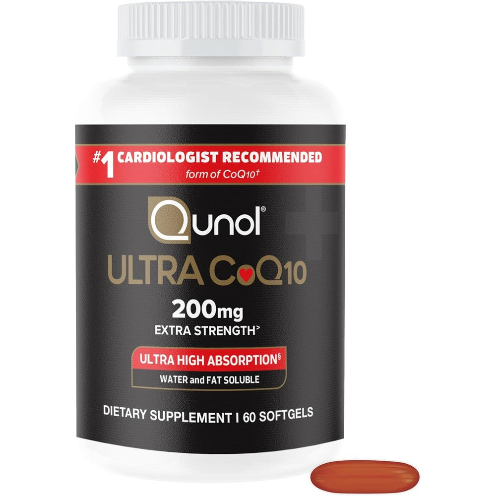 Qunol Ultra Coenzyme Q10 two hundred milligrams sixty softgels front bottle view for heart health support