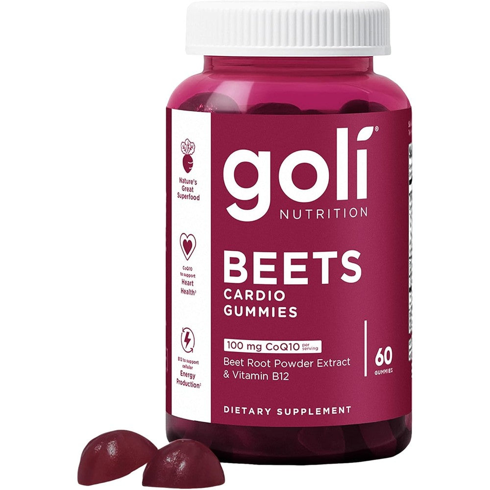 Goli Beets Cardio Gummies 60 count bottle front view showcasing mixed berry flavor details