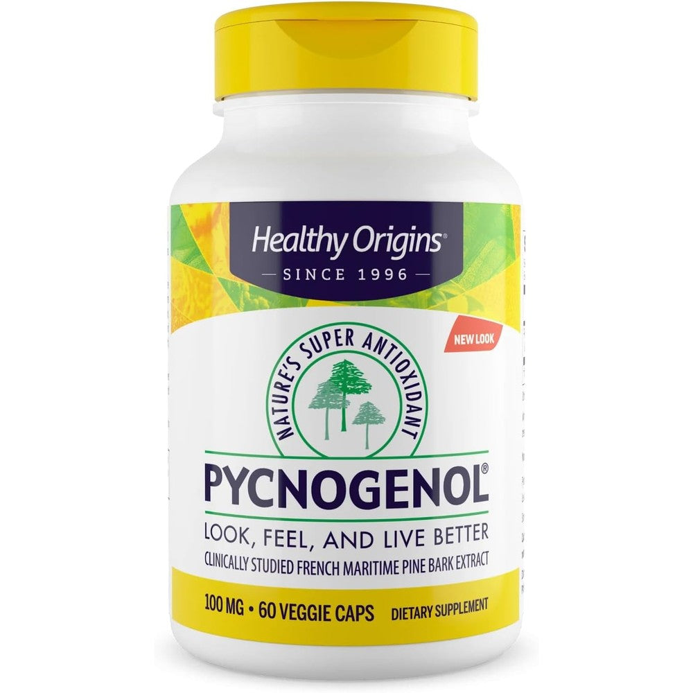 Healthy Origins Pycnogenol 100 mg 60 veggie capsules front bottle view for antioxidant support