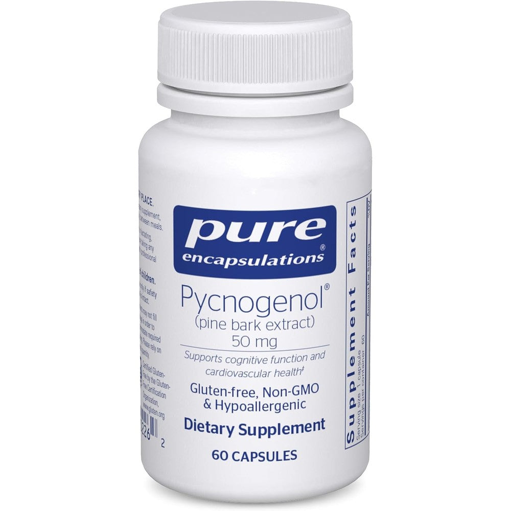 Pure Encapsulations Pycnogenol 50 mg bottle front view showing cognitive and cardiovascular support benefits