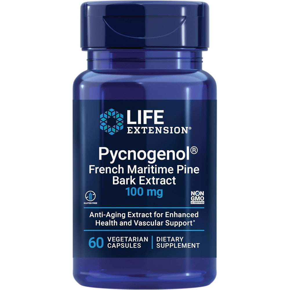 Life Extension Pycnogenol French Maritime Pine Bark Extract front view showing 100 mg dosage