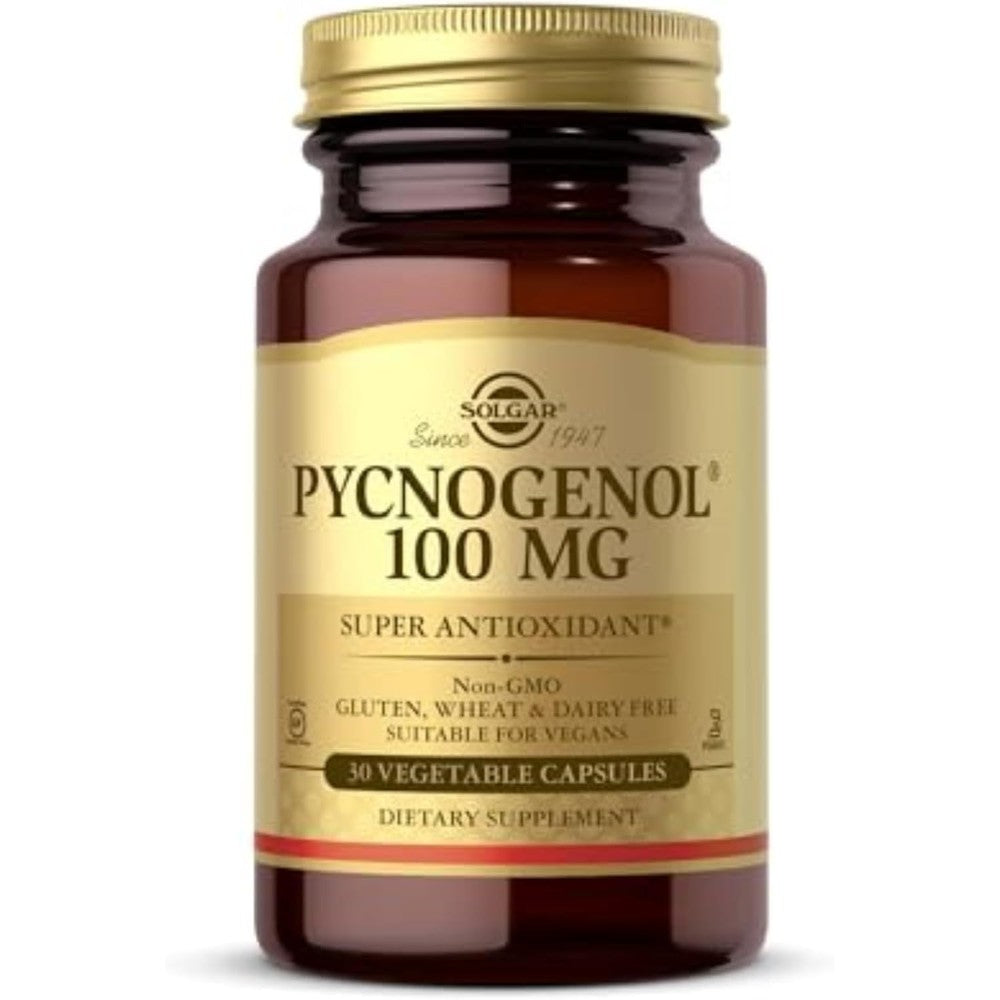 Solgar Pycnogenol 100 mg 30 Vegetable Capsules front bottle label view