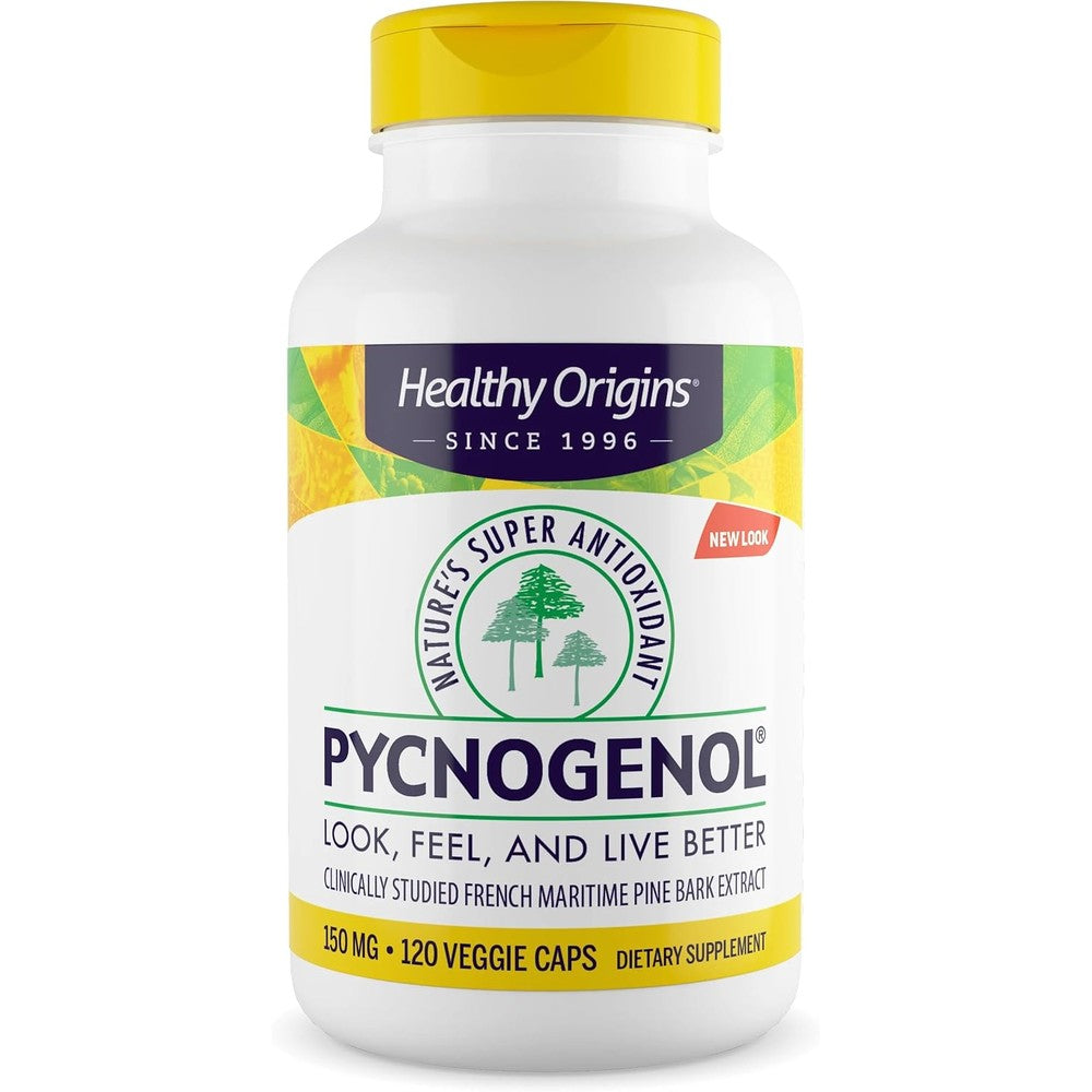 Healthy Origins Pycnogenol 150 mg 120 vegetarian capsules front view showing the product label.